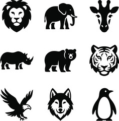 Obraz premium Set of black wild animal icons featuring lion elephant and tiger faces
