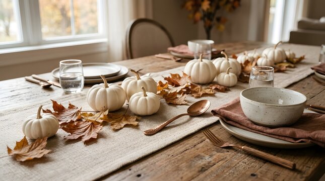 A beautifully set thanksgiving table adorned with pumpkins and autumnal foliage evokes a warm and inviting atmosphere perfect for a memorable family feast and