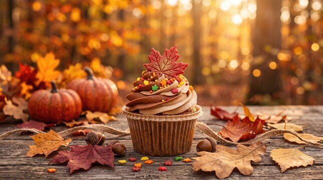 A delicious autumn cupcake decorated with fall leaves sitting on a rustic wooden table in a forest