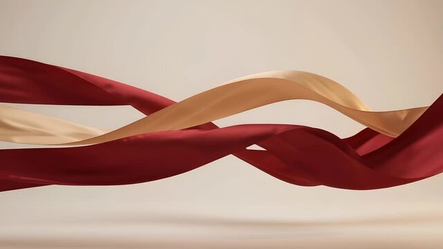 Elegant flowing crimson and beige ribbons creating a sense of motion and luxury against a soft neutral background, perfect for decorative and celebratory themes