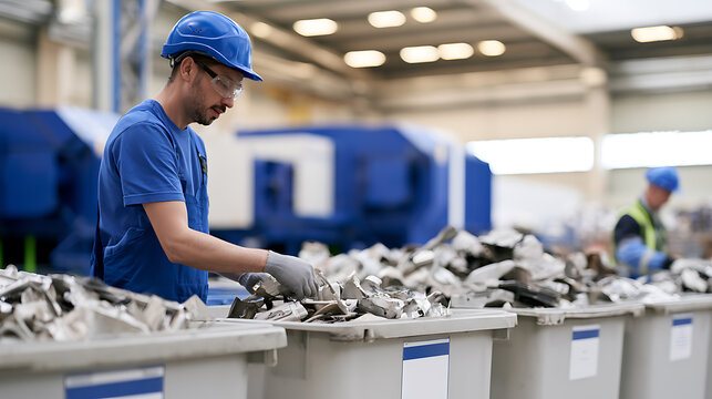 Industrial worker in blue uniform and hard hat sorting scrap metal parts from plastic bins inside a modern manufacturing factory production plant