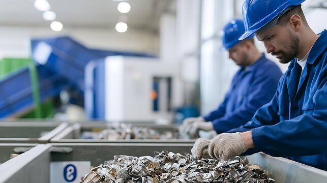 Industrial workers sort metal scrap in a recycling plant warehouse wearing blue uniform and safety helmet while manage waste material process