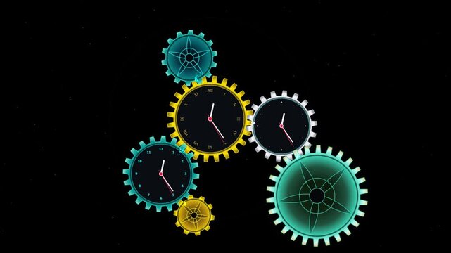 Abstract mechanical clockwork gears with clock faces on a dark space background