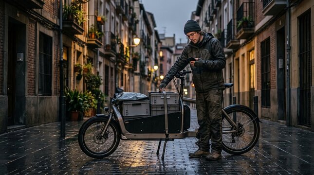 A man in a city alleyway with a cargo bike