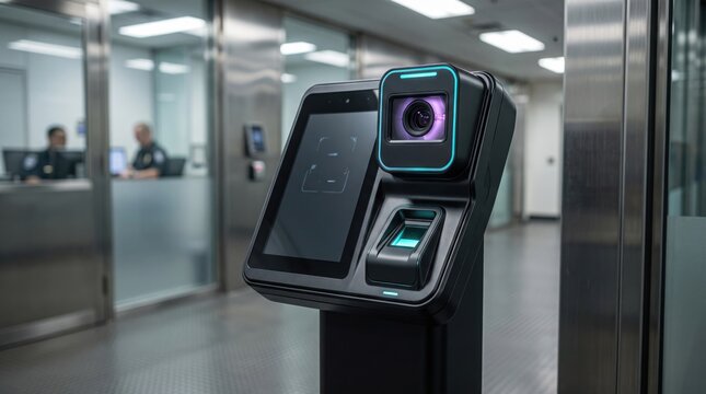 A biometric security kiosk with a facial recognition camera and fingerprint scanner stands in a modern office hallway