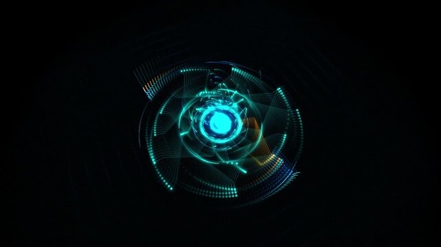 Abstract digital technology background with glowing blue circular hud interface elements and data patterns