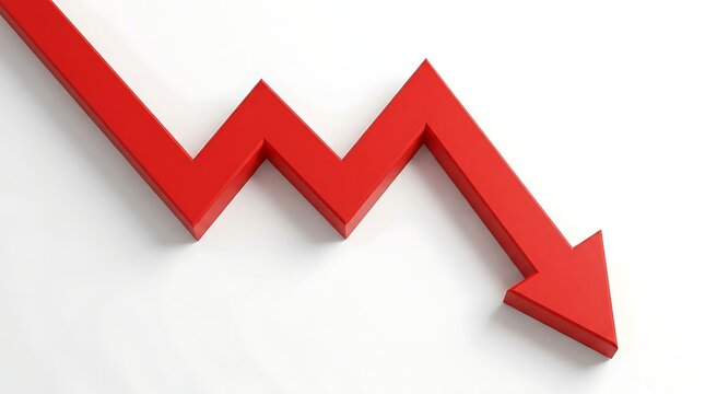 Red downward trending graph arrow signifying financial loss or economic recession on white background.