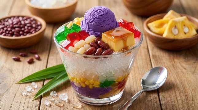 Shaved ice and multiple sweets topping a refreshing chilled Filipino Halo Halo dessert