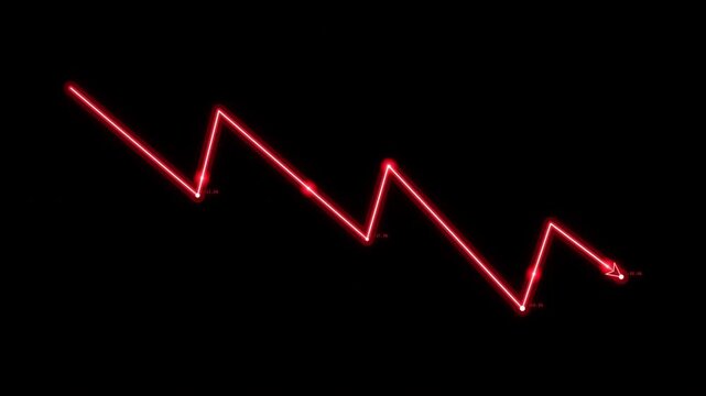 Neon red glowing downward trend line graph on black background representing financial loss or market crash