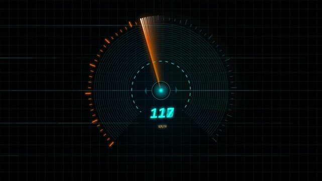 Futuristic digital speedometer interface with glowing orange needle and blue numbers on a dark grid background