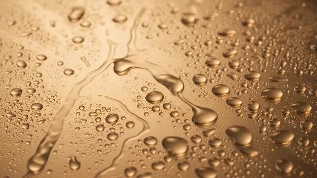 Macro Shot of Golden Water Droplets and Condensation on a Smooth Surface with Warm Ambient Lighting