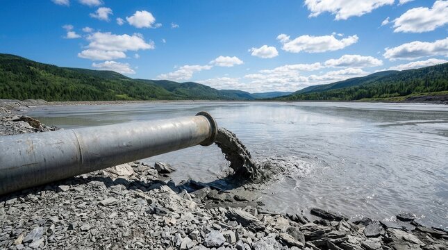 Slurry being discharged from a pipeline into copper and iron ore sludge ponds at mining industry tailings storage facilities.