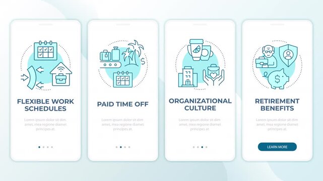 Modern employee perk packages animated mobile app onboarding. Corporate workers value proposition. Welcome screen UI. Carousel walkthrough animation with blue monochrome concept icons