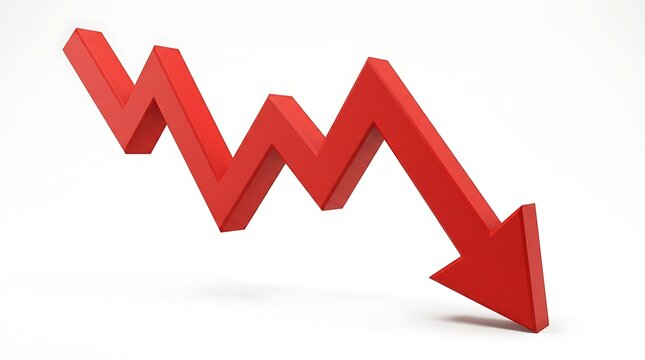 Red zigzag arrow pointing downwards indicating financial loss or decline, isolated on a white background for business charts.