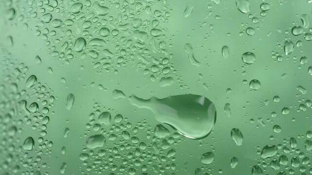 Close-up macro view of glistening water droplets on a vibrant green surface, showcasing the intricate patterns of condensation and a refreshing, natural texture