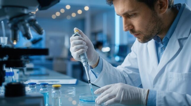 A researcher in a regenerative medicine lab editing stem cells using pipettes and incubators