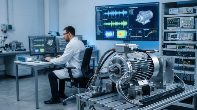 Propulsion lab interior showing electric motor stability being monitored by vibration analysis equipment for vertical takeoff air taxis.