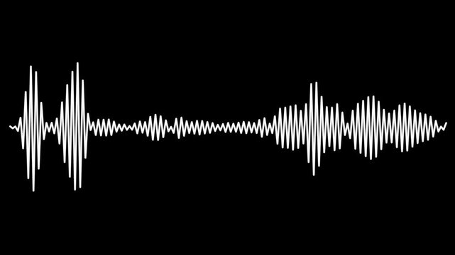 Futuristic white music equalizer animation with rhythmic sound bars, audio waveform spectrum, digital frequency visualization, podcast voice signal effect on black screen background 4K motion graphic.