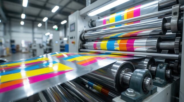 Shiny packaging foil featuring precise color registration and vivid spot colors produced by highspeed flexographic printing presses.