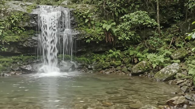 Serene tropical waterfall flowing into a crystal clear pond surrounded by dense jungle greenery and mossy rocks