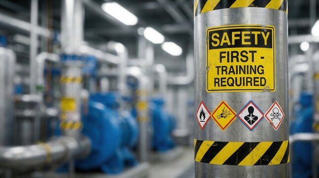 Workplace safety and training standards highlighted by a closeup of safety signage and colorcoded hazard labels in a chemical plant.