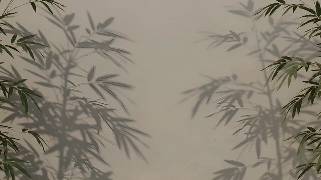 Aesthetic bamboo leaves shadow on neutral beige background with empty space