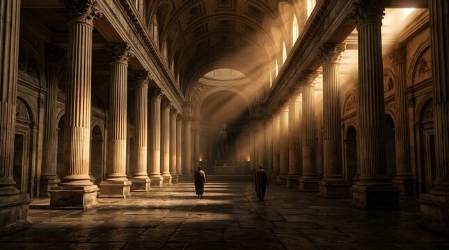 Grand ancient roman temple interior with towering marble columns and dramatic sunbeams streaming through high windows, cinematic historical architecture