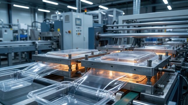 Highlighting material flexibility and machine operation details in a closeup medium view of plastic sheets transformed into clamshell packaging via thermoforming.