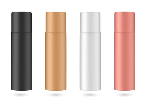Four metallic spray bottles in different colors on transparent background