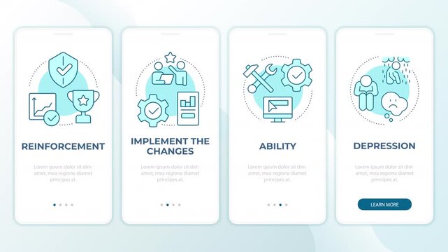 Mental health wellness animated mobile app onboarding. Corporate employee training framework. Workplace culture. Welcome screen UI. Carousel walkthrough animation with blue monochrome concept icons