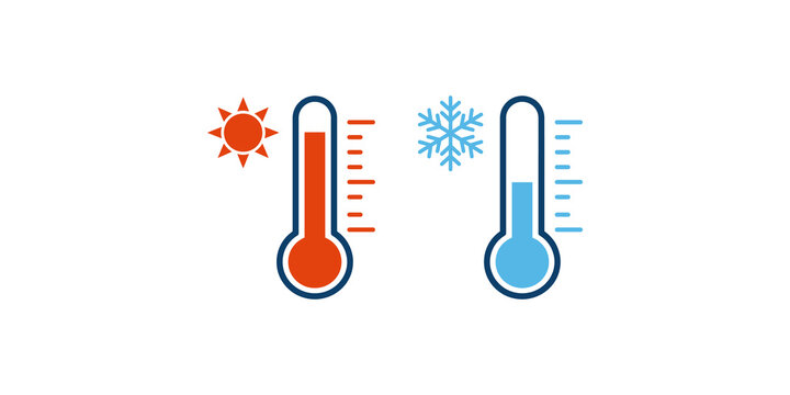 Temperature thermometer icons showing hot and cold climate weather conditions.