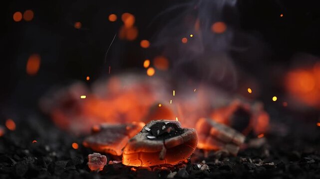 Close-up of glowing hot embers with sparks and smoke on a dark background