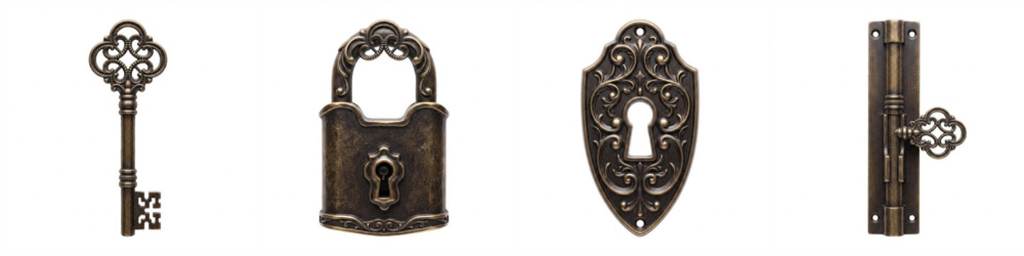 Vintage locks and antique key set with ornate bronze padlock, decorative keyhole escutcheon, and door bolt latch isolated on a white background for security and mystery design
