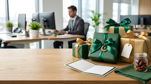 Elegant gift boxes with green and gold wrapping tied with satin ribbons and a card on office desk, symbolizing corporate gifting and appreciation.