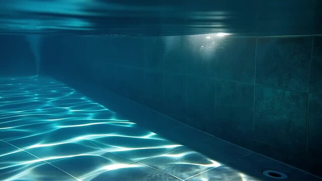 Underwater view of pool floor with light reflections and rising air bubbles