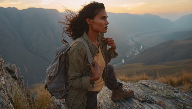 Woman hiking on a mountain trail during sunset with a backpack.