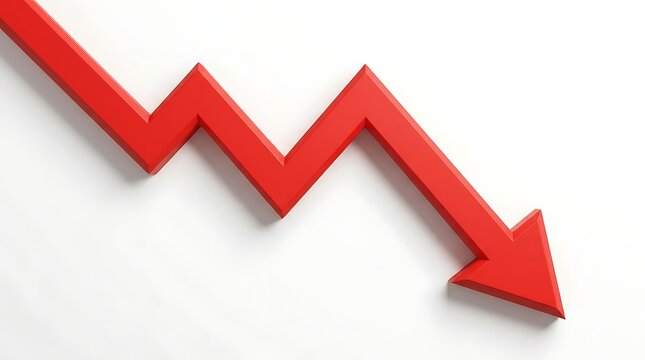 Sharp red arrow pointing downwards on white background symbolizing business decline financial crisis or negative trend downward stock market.