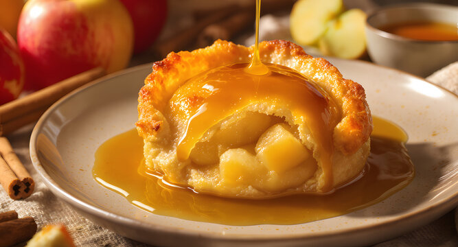 A macro shot of a golden baked apple dumpling cut open to reveal juicy apple chunks, while sweet caramel sauce is poured on top, perfect for celebrating National Apple Dumpling Day.