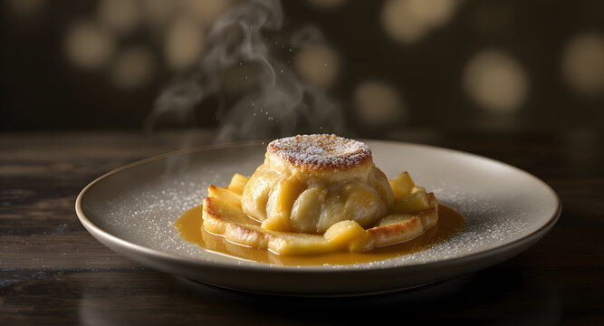A steaming hot apple dumpling served on a grey plate with caramel sauce, dusted with powdered sugar, and surrounded by cooked apple slices on a wooden table, celebrating National Apple Dumpling Day.