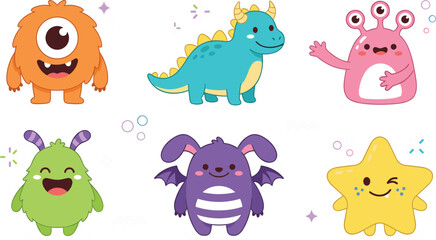 Obraz premium Cute Monster and Alien Character Vector Set Featuring Friendly Cartoon Dragon, Cyclops, Star, and Winged Creatures for Kids Birthday Party and School Designs