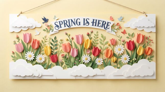 Vintage style spring is here sign with colorful tulips and floral arrangement
