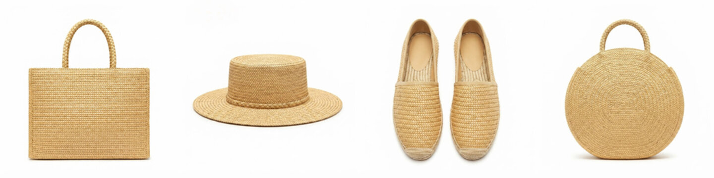Straw accessories set on white background featuring woven tote bag, boater hat, espadrille shoes, and round purse in beige raffia fiber for summer holiday fashion and resort style