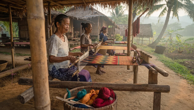 Women weaving fabric outdoors in a rural setting with palm trees.