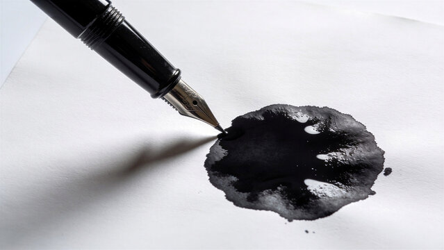 Black fountain pen nib touching a spreading wet black ink blot mistake on clean white paper. Writing error and calligraphy accident concept.