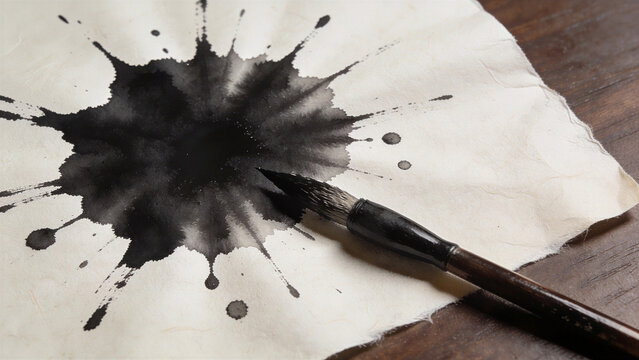 Asian calligraphy brush pen next to a large starburst black ink blot mistake with splatters on handmade washi paper. Sumi art writing error.