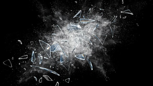 Speed explosion of shattered glass shards on black background