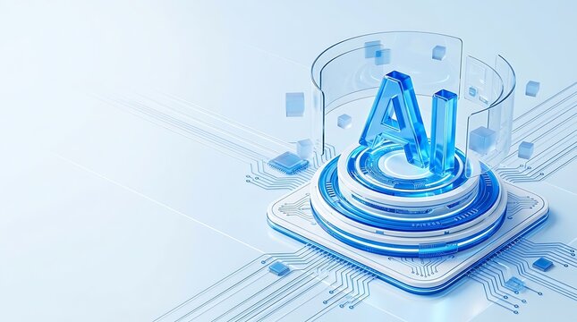 Futuristic blue AI symbol glowing on a platform with circuit board elements and abstract background.