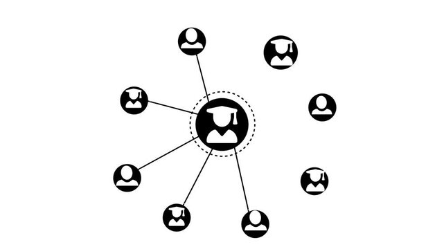 Central icon of a graduate connected to multiple smaller blue user/graduate icons animation