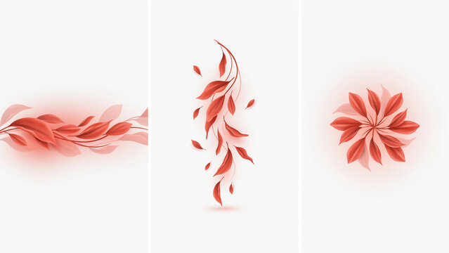Three botanical featuring red foliage and floral patterns on white background
