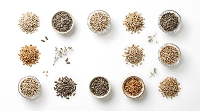 Bowls of healthy seeds and nuts arranged in a flat lay